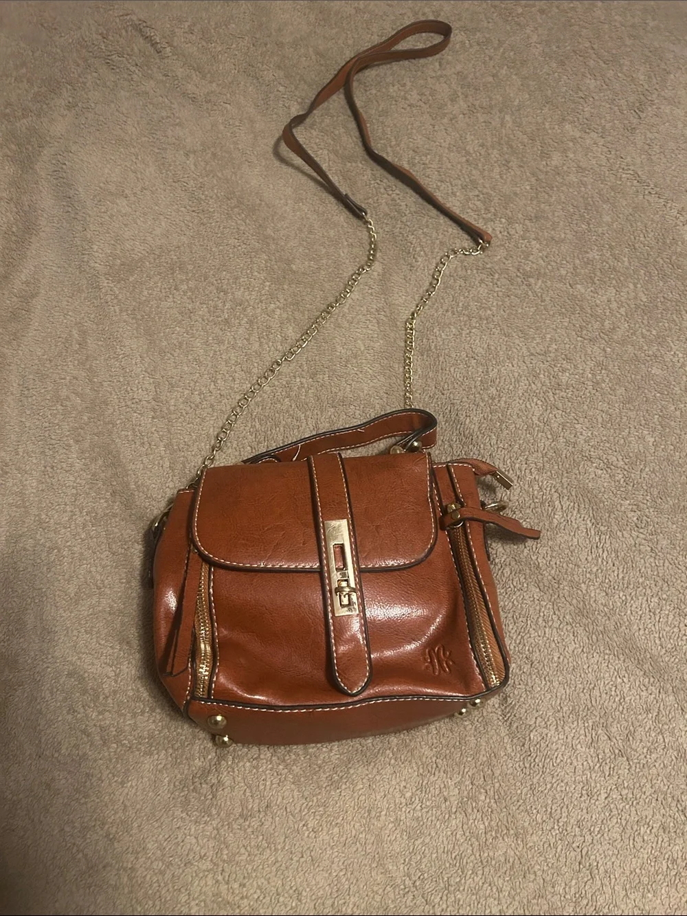 Women's Brown Leather Crossbody Bag with Gold Chain Strap
